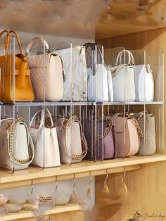 a shelf filled with lots of different colored purses