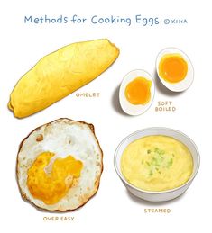 eggs, butter, and other ingredients are shown in this graphic to help you learn how to cook them