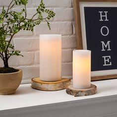 three lit candles sit on a shelf next to a potted plant and framed sign