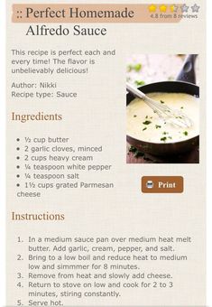 the recipe for perfect homemade alfredo sauce is shown in an email form, and includes instructions to make it