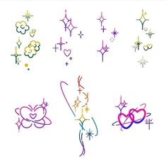 an assortment of different colored tattoos on a white background with stars and hearts in the middle