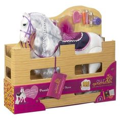 a toy horse is in a wooden box