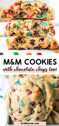 cookies with chocolate chips and sprinkles are stacked on top of each other