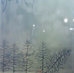 a painting with trees in the background and foggy sky behind it, as seen through a glass window