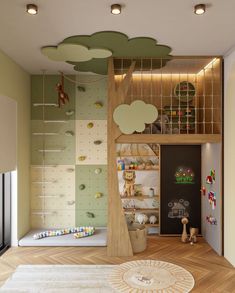 a child's bedroom with climbing wall and play area