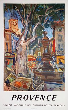 a painting of a fountain in front of a tree