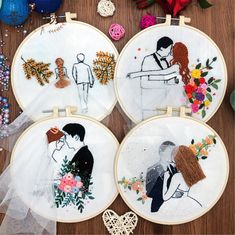 four embroidery hoops with wedding pictures on them