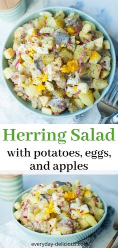 two bowls filled with potato salad on top of a table