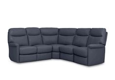 a blue leather sectional sofa with two recliners on the left and right sides