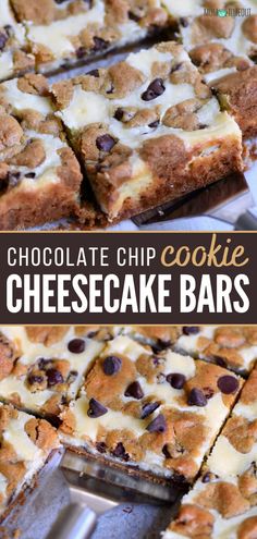 chocolate chip cookie cheesecake bars are cut into squares and stacked on top of each other