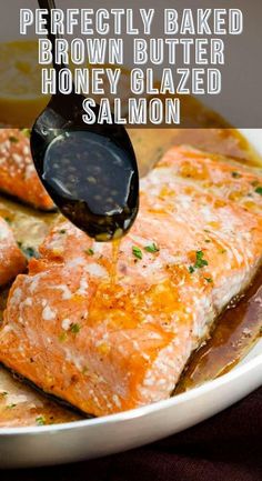 baked brown butter honey glazed salmon is being drizzled with salt and pepper