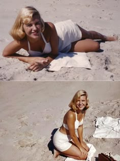 two pictures of a woman in white on the beach, one is laying down and the other is smiling