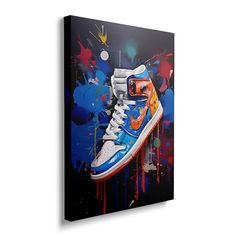 a painting of a pair of sneakers on a black background with colorful paint splatters