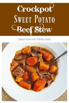 crockpot sweet potato beef stew in a white bowl