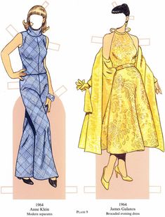 two women's dresses, one in yellow and the other in blue with an open neck