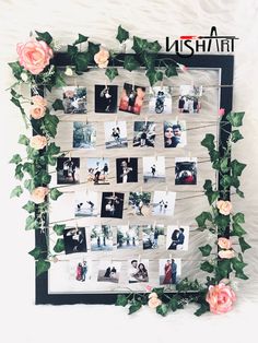 a collage of photos and flowers on a wall