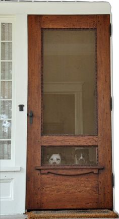 two cats are sitting behind the glass in front of an open wooden door on a porch