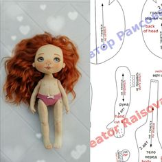 an image of a doll with red hair on it's body and instructions for sewing