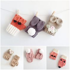 crocheted baby mittens and gloves hanging on clothes pins, with pictures of them