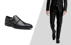 Matching a black suit with a black monk strap shoes for a semi-formal setting. Black Monk Strap Shoes, Mens Black Suit, Black Monks, All Black Suit, Suit Pin, Brown Tie, Navy Tie