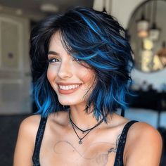 Colorful Hair Dark Roots, Undercut Styles For Women, Dark Roots Light Ends, Dark To Light Hair, Blue Brown Hair, Mid Hair, Bixie Haircut, Blue Hair Highlights, Edgy Hairstyles