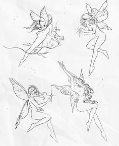 four different types of tinkerbells drawn in pencil