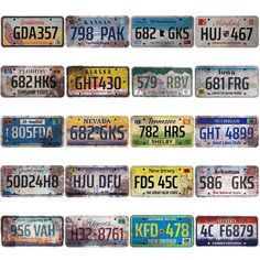 old license plates are arranged in rows on a white background