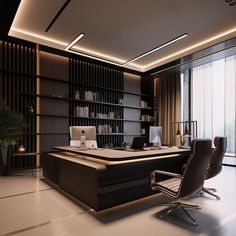 an office with a desk, chair and bookshelf in the middle of it