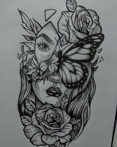 a drawing of a woman's face with flowers and butterflies on her head,