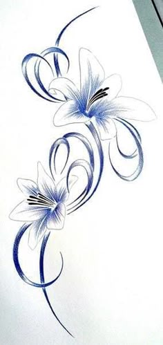 a drawing of some flowers on a piece of paper with blue and white ink in it