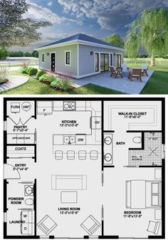 the floor plan for a small house with two bedroom and an open living area in it