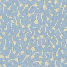 a blue background with yellow and white designs on it