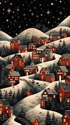 a painting of houses in the snow at night