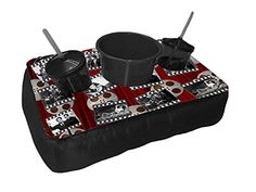 a black and red tray with two cups on it