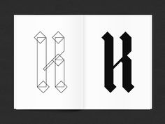 an open book with the letter k in black and white