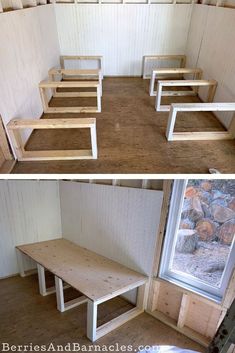 two pictures side by side of benches in a room with wood flooring and white walls