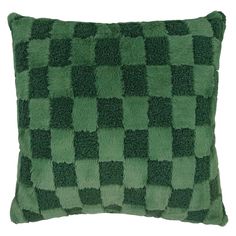 a green and black checkered pillow on a white background