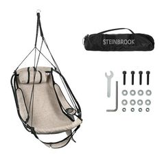 an image of a hanging chair with tools and accessories in front of the bag on the back