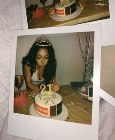 two photos of a woman cutting into a cake with the number twenty one on it