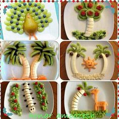 four pictures of different fruits and vegetables made to look like animals, palm trees, giraffes