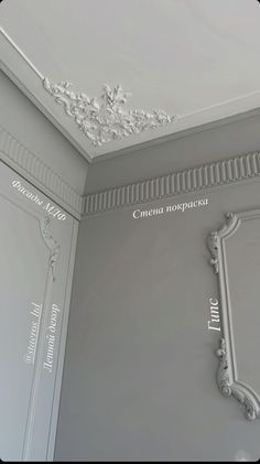 the corner of a room with an ornate crown on the ceiling and decorative moldings