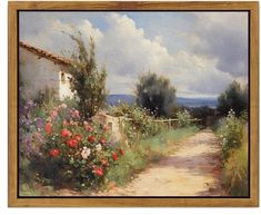 an oil painting of a dirt road with flowers and bushes on either side of it