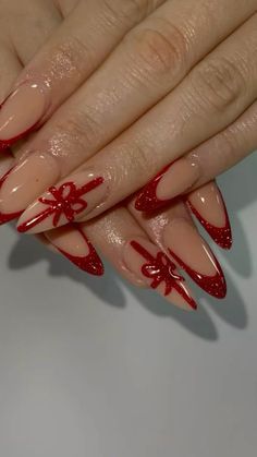 #christmas #nails #winter Almond Acrylic Nails Red Design, Christmas Nail Designs Aesthetic, Red Nail Inspo Christmas, Christmas Nails Aesthetic Red, Christmas Nail Inspo Almond Shape, Almond Nail Christmas, Mid Length Christmas Nails, Hailey Bieber Christmas Nails, Christmas Nail Sets Almond