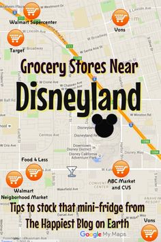 the grocery store near disneyland is located on a map with an orange arrow pointing to it