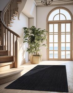 a living room with a large black rug on the floor next to a staircase and a potted plant