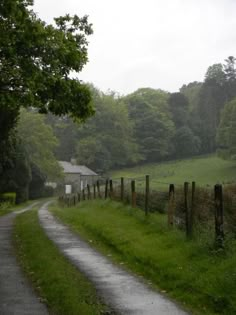 a rural country road in the rain with a farm house on one side and green pasture on the other