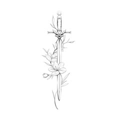 Back Tattoo Women Spine Knife, Swords Tattoo For Women, Sward Flower Tattoo, Minimalist Tattoo Swords, Feminine Tattoo Stencil, Fine Line Dagger Tattoo, Dagger And Flower Tattoo, Flower Dagger Tattoo, Dagger Back Tattoo