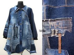 I designed and constructed this 3XL/4XL plus size patchwork denim jacket. This street style long denim coat can be wear on special occasions,wedding,prom or when you want to feel good and one of a kind. Length - about 86 cm/ 34 inches Bust - max 132 cm/ 52 inches Hips - max 147 cm / 58 inches Biceps - 51 cm / 20 inches I used different nuances of dark blue denim and dark blue stretch fleece cotton fabric for the sleeves. The jacket is medium weight, soft and NOT STRETCHY . Machine wash on a gent Long Duster Outfit, Denim Duster Coat, Long Denim Coat, Denim Duster, Patchwork Denim Jacket, Boho Coat, Long Denim Jacket, Denim Sweatshirt, Patchwork Coat