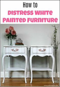 See how to distress furniture for that romantic distressed look on white painted furniture. These white painted tables get a distressed paint look makeover. Distressed white painted furniture makeover. White Ikea Furniture, Article Table, How To Distress Furniture, Distress Furniture, Painted Tables, Lime Wash