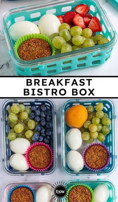 two plastic containers filled with different types of breakfast foods and the words breakfast bistro box above them